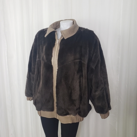 Reversible leather and faux fur coat taupe brown large unique heavy gorgeous - Picture 7 of 11